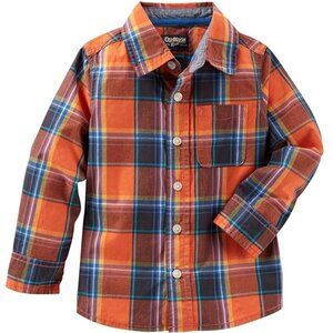 OshKosh B'Gosh Boys' Orange Blue Plaid Woven Buttonfront Cotton Shirt Size 14